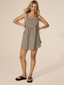 Aralina 女士格子方领系带娃娃裙夏季迷你连衣裙可爱情人节派对假日度假装扮Y2K斯德哥尔摩风格 - 黑與白 - 查看 6