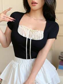 DAZY 春夏两款撞色黑白拼接优雅短袖T恤，女士款，系带蝴蝶结装饰，适合情人节、婚礼、派对等场合。 - 黑色 - 查看 9