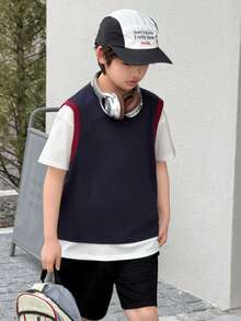 DAZY Camiseta casual de manga corta y cuello redondo 2 en 1 holgada para niño preadolescente - Azul Marino - Ver 1