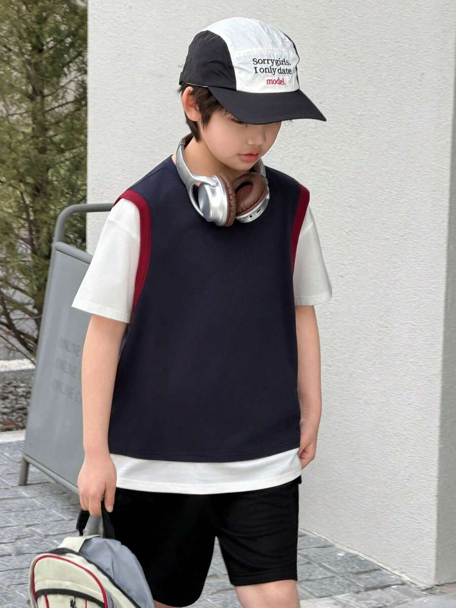 DAZY Camiseta casual de manga corta y cuello redondo 2 en 1 holgada para niño preadolescente - Azul Marino - Ver 1