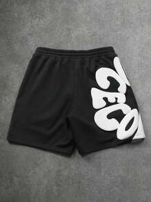 SLATEMANN Men's Summer Casual Letter Print Drawstring Waist Shorts - Black - View 2