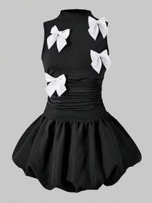 Tween Girls' Elegant Bowknot Collar Sleeveless Fitted Low Waist Bubble Hem Short Dress, Suitable For Vacation And Evening Party, Spring/Summer - Black - View 4
