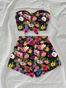 Soleia 女士印花抹胸上衣和短裤两件套，休闲夏季度假装 - 彩色 - 查看 9