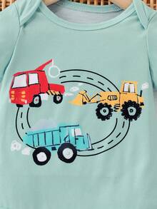 SHEIN Infant/Toddler Boys' Cute Cartoon Car Print Romper And Shorts Set, Spring/Summer - Green - View 5