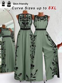 SHEIN CURVE+ Curve 加大码 US22 音乐节、海滨度假、波西米亚风 CURVE PLUS / 女士优雅露背连体裤，宽松撞色印花度假连体裤 - 綠色 - 查看 1