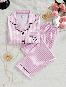 Tween Girls Pajamas-2 Piece Pajama Set Pink White Striped Satin Look Long Sleeve Button Up Top Notch Collar Chest Pocket Heart Embroidery Matching Pants Elastic Waist Four Seasons Holiday 2026 Must Have Sleepwear Loungewear Cozy Gift Ideal Bedroom Sleepwear Set Pink Striped Pajama Pink Pajama Sets - Pink - View 8