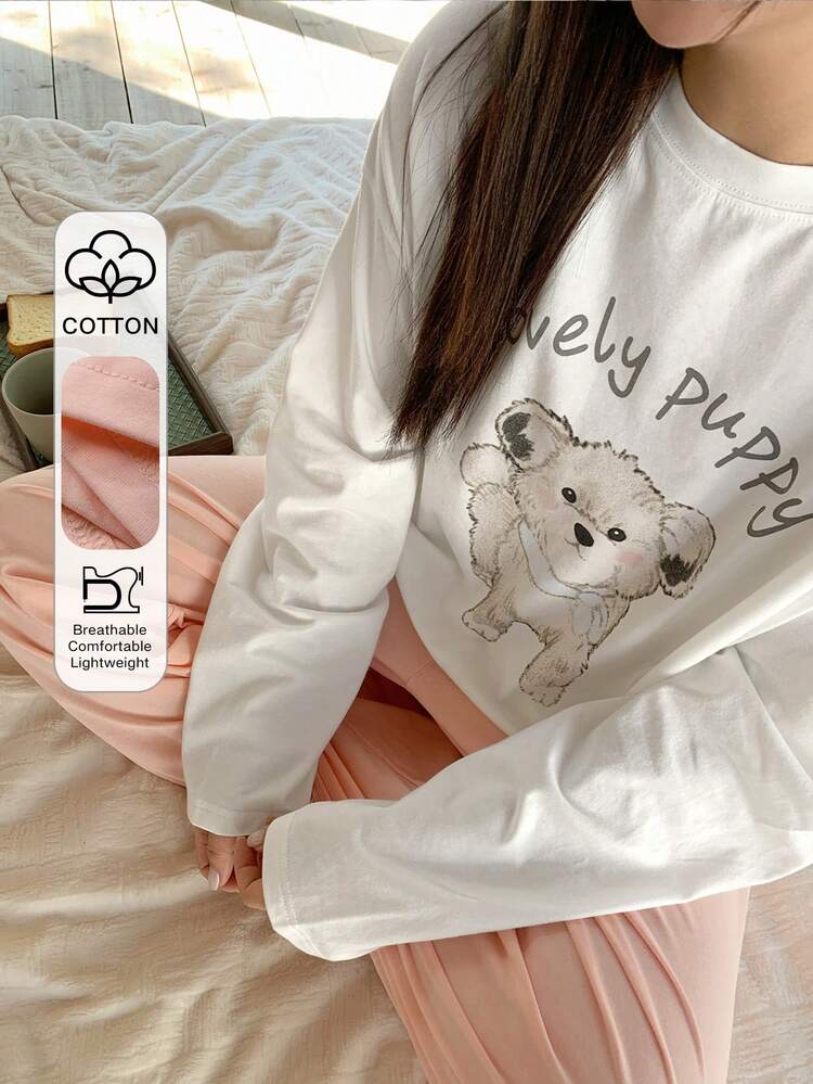 Dazy Plus Plus Size Women Cute Graphic Print Loose Long Sleeve Top And Straight Leg Pants Pajama Set, Spring/Summer/Autumn