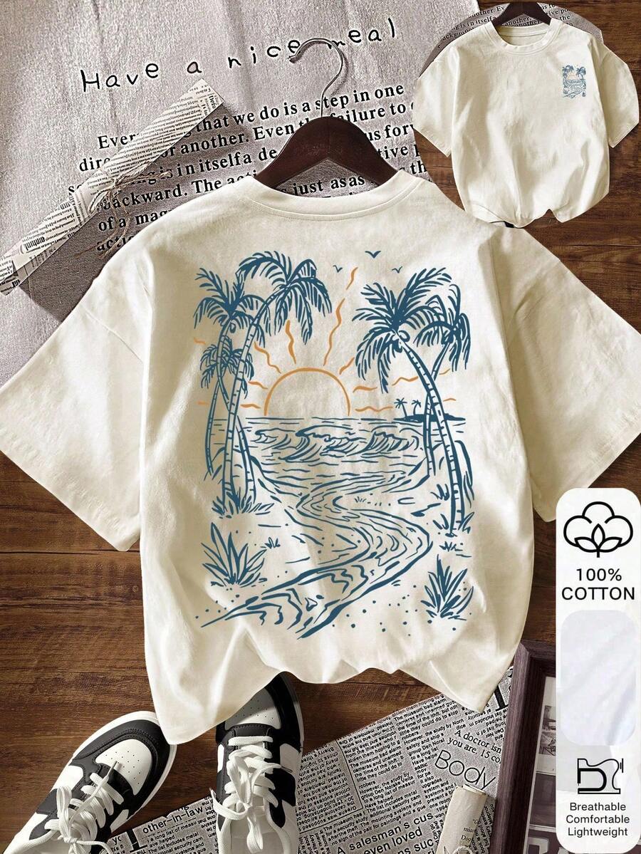 SHEIN Áo thun nữ tay ngắn cổ tròn in họa tiết phong cách thường ngày - Màu be - Xem 1