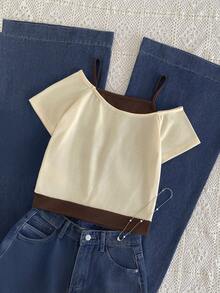 这款少女休闲二合一街头风T恤，印有字母标语和汽车图案，采用露肩短袖设计，适合夏季休闲活动、购物和拍照。 - 杏色 - 查看 2