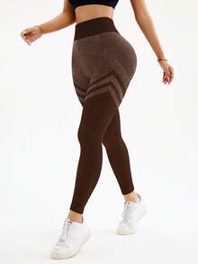 Seamluxe SHEIN Sport H1178 Brown Striped High Waist Seamless Leggings - Coffee Brown - View 3