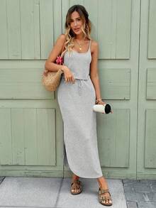 SHEIN LUNE Đầm nữ dáng suông không tay, xẻ tà, thắt nơ, kiểu dáng thường ngày, thích hợp cho mùa xuân/hè. - Xám - Xem 6