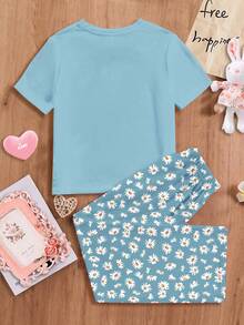 Boho Style Daisy Floral Print, Tween Girls Casual Minimalist Round Neck Short Sleeve T-Shirt And Loose Pants Pajama Set, Suitable For Summer - Multicolor - View 2