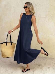 SHEIN Frenchy Đầm dài không tay cổ tròn màu trơn, dáng rộng, thanh lịch dành cho nữ - Màu xanh hải quân - Xem 6