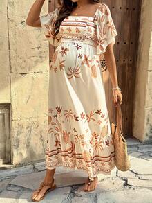 SHEIN Maternity Square Neck Ruffle Hem Vintage Fashion Summer Dress Boho Women Vacation Mediterranean Style Mexican Italian Clothes - Multicolor - View 4