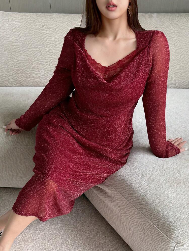 Dazy Plus Plus Size Solid Color Scoop Neck Long Sleeve Elegant Lace Patchwork Dress Sundress