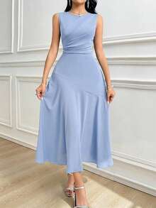 Modelyn 女士优雅纯色褶皱圆领无袖连衣裙 - 淺藍色 - 查看 2
