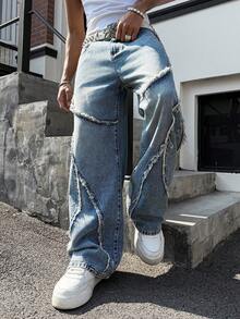 Manfinity EMRG Men's Street Fashion Distressed Patchwork Vintage Washed Wide Leg Pants - Light Wash - View 5
