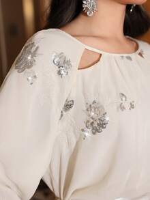 Modelyn 优雅亮片镂空圆领长袖修身闪亮上衣，适合工作、休闲和日常穿着。 - 杏色 - 查看 4