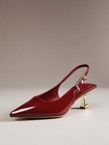 SHUZIA #ElegantGlam Women's Glossy Pat Wine Pointed Toe Metal-Plated Kitten-Heel Signature Buckle Slingback Pumps–Desinger-Inspired,Chic&Comfortable - Burgundy - View 6
