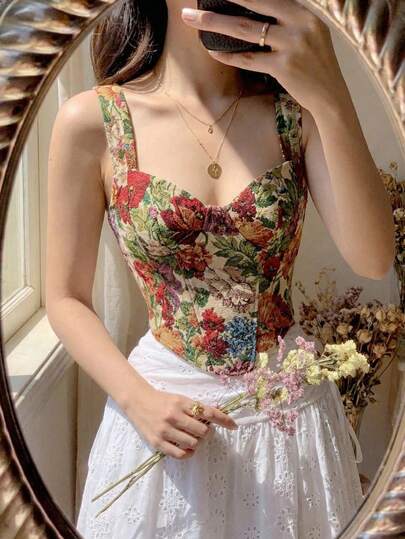 SHEIN MOD Women's Vintage Jacquard Fitted Women Tank Top, Spring Break Outfits,Summer Holiday Outfits,Valentine's Day,Birthday, Elegant,Retro,Going Out Top