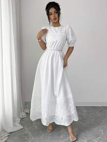 Modelyn 女士简约纯色镂空刺绣圆领短袖连衣裙 - 白色 - 查看 5