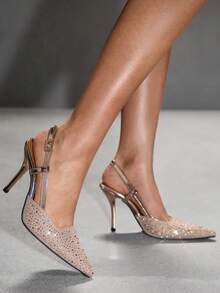 CUCCOO SZL Women's Pointed Toe Rhinestone Buckle Design Fashionable Luxurious Elegant High Heels For Christmas - Champagne PU - View 8