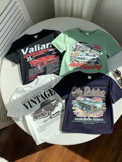 SHEIN 买三送一，4件/套。舒适、实惠、休闲、百搭的可爱汽车印花圆领短袖T恤，适合男孩女孩穿着。多套搭配，适合春夏季节日常穿着、运动、郊游、上学、聚会、度假、演出、拍照以及返校季等场合。