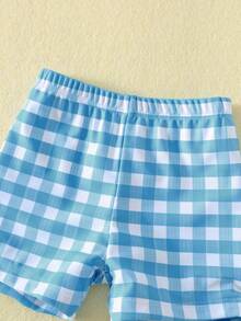 男女宝宝两件套可爱鲸鱼图案蓝色格子泳衣，防晒泳装，适合海滩度假游泳 - 藏蓝色 - 查看 6