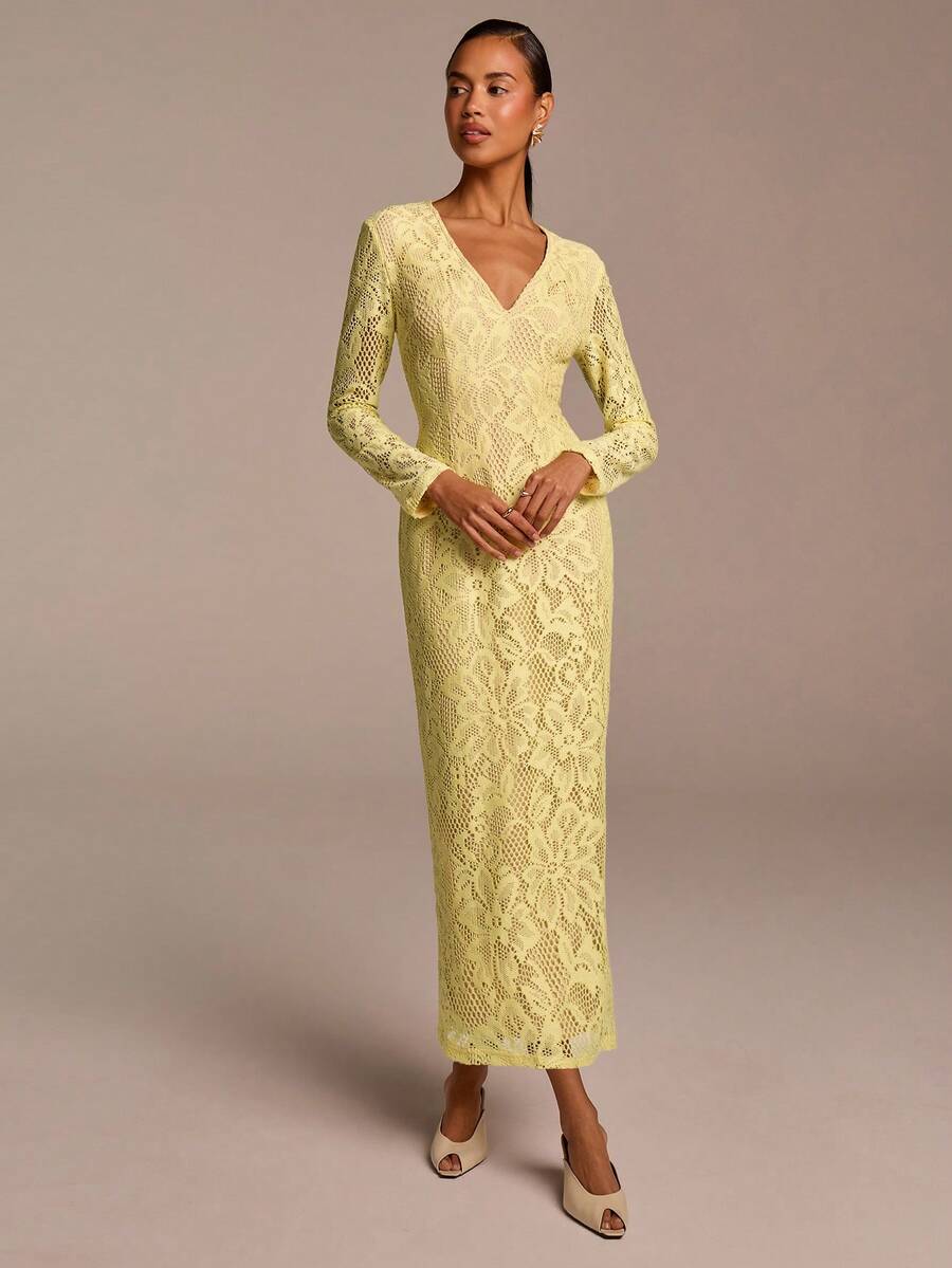 COSMINA Women's Elegant Deep V-Neck Long Sleeve Lace Waist Cinched Dress, Suitable For Vacation, Commute, Office, Outing, Date, Valentine's Day, Evening Party, Wedding Season - Yellow - View 1