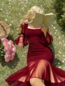 SHEIN MOD 女士优雅派对纯色喇叭袖鱼尾中长连衣裙 - 紅色 - 查看 5