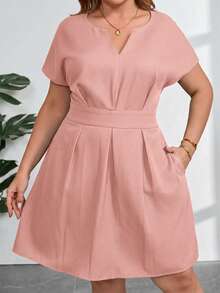 SHEIN Clasi 大码纯色V领系带优雅夏季连衣裙 - 粉色 - 查看 4