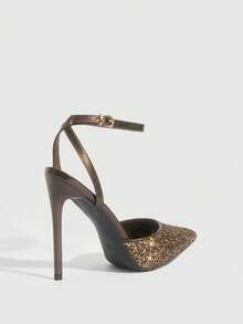 CUCCOO SZL 女鞋尖头细高跟浅咖啡色亮片踝带后跟女鞋简约优雅时尚性感派对宴会夜店女高跟鞋女鞋 - 格力特香檳48 - 查看 8