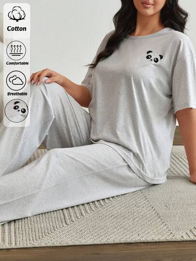 EURMUSE Cotton Solid Ribbed Knit Pajama Set With Short Sleeve Top With Embroidery & Pants, Cute Panda Graphic, Loungewear Co-Ord, Soft Stretchy Sleepwear, Minimalist Casual Homewear Basics
