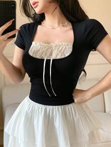 DAZY 春夏两款撞色黑白拼接优雅短袖T恤，女士款，系带蝴蝶结装饰，适合情人节、婚礼、派对等场合。 - 黑色 - 查看 11