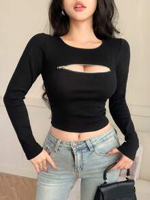 DAZY 休闲修身时尚街头风镂空拉链设计长袖T恤，女士春夏款 - 黑色 - 查看 10