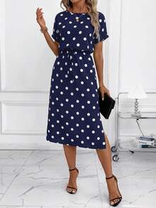 SHEIN Clasi 女士秋季新款蝙蝠袖波点连衣裙，黑白配色，适合日常通勤及多种场合 - 藏蓝色 - 查看 5