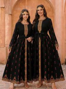 Teen Girl Floral Print Round Neck Long Sleeve Gold Trim Bohemian Style Dress - Black - View 3