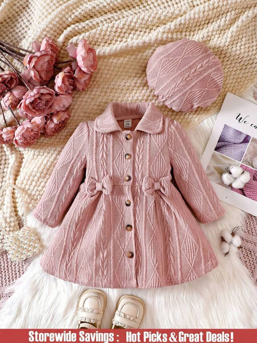 SHEIN Explorewe Baby Girl Solid Bow Front Coat & Hat - Dusty Pink - View 1