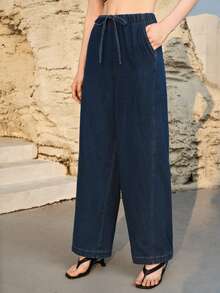 MOTF PREMIUM DRAWSTRING ELASTIC WAIST LONG JEANS, SPRING/SUMMER - Blue - View 5