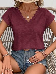 SHEIN Frenchy Casual Solid Color Lace Patchwork V-Neck Short Sleeve T-Shirt,Summer Top - Burgundy - View 7