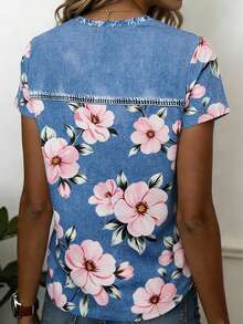 EMERY ROSE Camiseta de manga corta con cuello redondo y estampado floral casual, de verano - Multicolor - Ver 2
