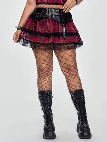 ROMWE Grunge Punk 大码 Y2K 朋克格子 PU 拼接迷你喇叭裙 - 酒紅色 - 查看 5