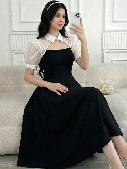 SHEIN Teen Girls Puff Sleeve Collared Patchwork A-Line Dress, Elegant For Party