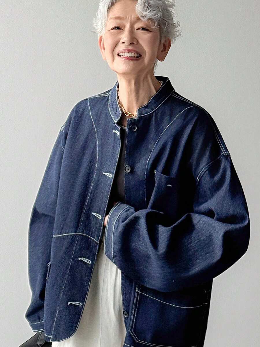 FRIFUL 女士立领口袋撞色缝线设计宽松休闲牛仔夹克外套 - 藍色 - 查看 1