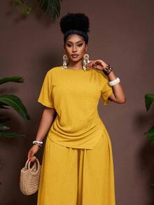 SHEIN CURVE+ Plus Size 2-Piece Set,Mustard Yellow Summer Modest Vacation Crinkle Fabric Crop Top With Structured Fit & Pointed Hem,Elastic Waist Wide Leg Pants Set - Yellow - View 5