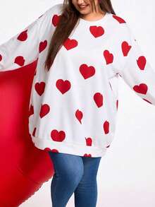 SHEIN CURVE+ 加大码/情人节/大码休闲宽松纽约印花圆领长袖卫衣，女款，秋冬款 - 白色 - 查看 5