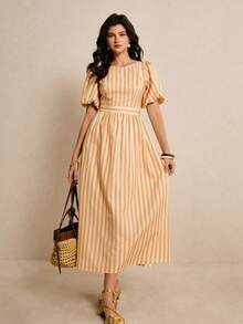 Poéselle Women's Orange And White Striped Puff-Sleeve Maxi Dress,Backless Tie-Bow Waist Elegant Summer Vacation Holiday Beach Sundress,Flowy A-Line Boho Outfit - Pale Yellow - View 9