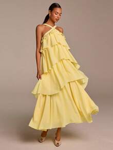 COSMINA Women's Elegant Sleeveless Ruffled Dress, Suitable For Vacation, Date, Wedding Guest, Spring & Summer - Light Yellow - View 7