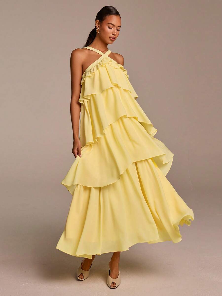 COSMINA Women's Elegant Sleeveless Ruffled Dress, Suitable For Vacation, Date, Wedding Guest, Spring & Summer - Light Yellow - View 1