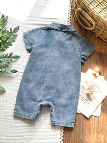 SHEIN Vintaside Kids 男婴卡通汽车恐龙印花短袖连体衣，夏季 - 藍色 - 查看 2